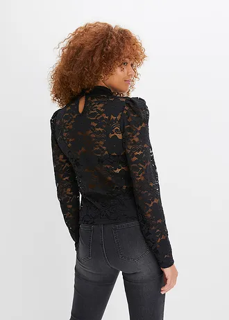 Aansluitend longsleeve met kant, Kleur: zwart