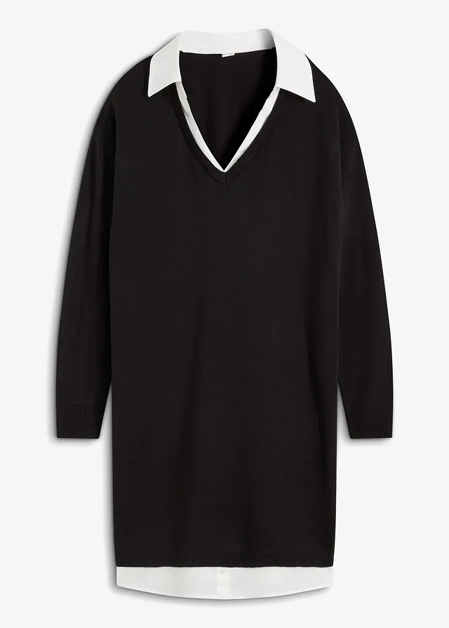 Gebreide jurk met blouse-inzet, Kleur: zwart