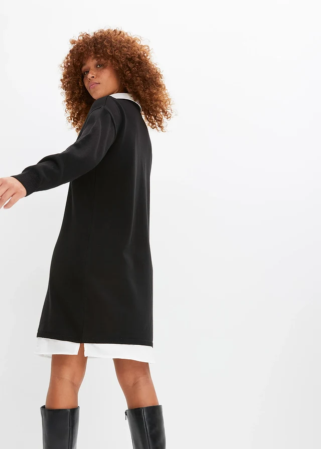 Gebreide jurk met blouse-inzet, Kleur: zwart