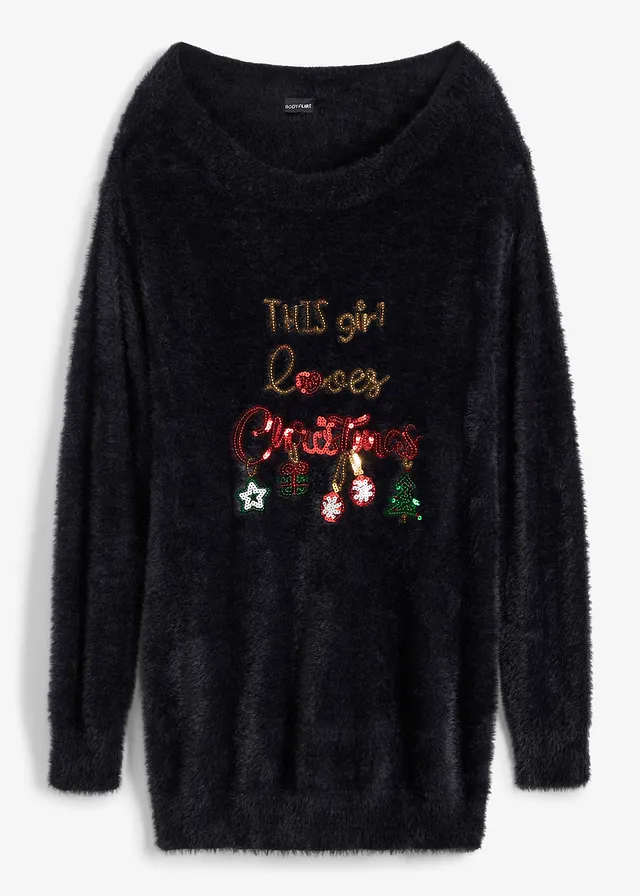 Pulover off-shoulder cu motiv de Crăciun