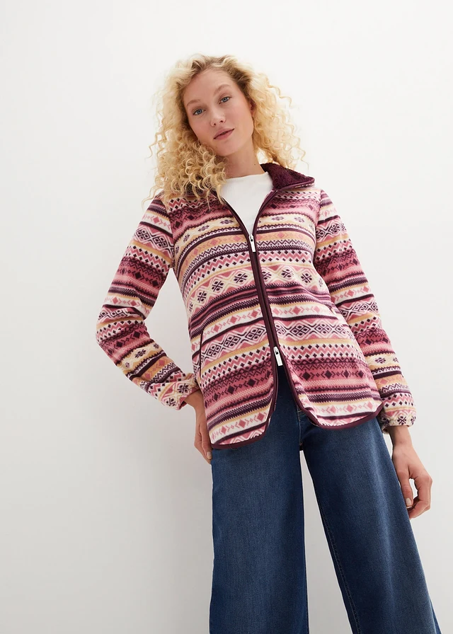 Veste polaire à capuche avec motif norvégien, Couleur: sorbet fruits rouges