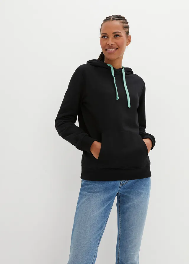 Sweat-shirt à capuche avec détails contrastants, Couleur: noir/vert sauge