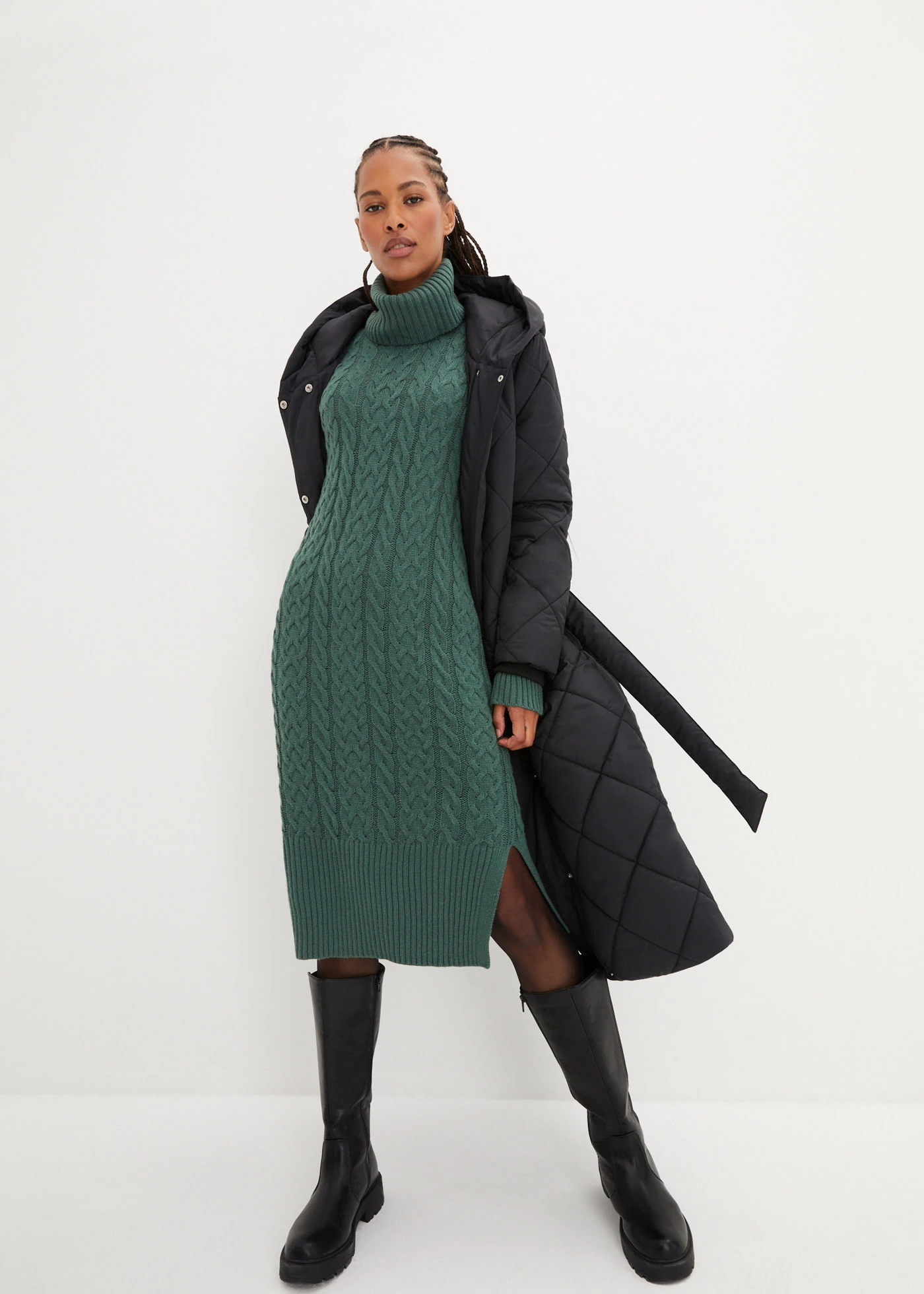 Gebreide jurk in midilengte met structuur • mat groen • bonprix online shop