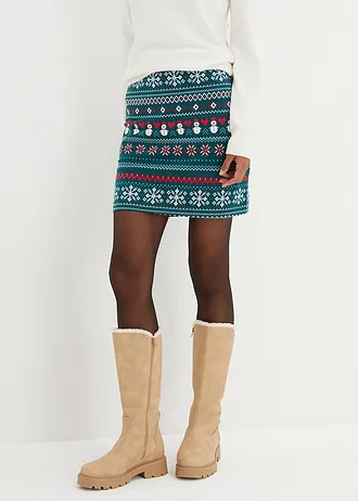 Jupe en coton extensible à imprimé norvégien • vert pétrole-gris argent-écru-rouge norvégien • Boutique bonprix