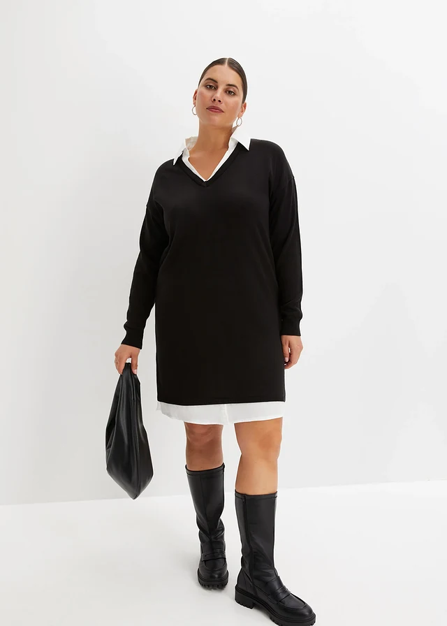 Robe en maille à empiècement chemisier, Couleur: noir