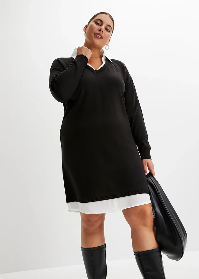 Robe en maille à empiècement chemisier, Couleur: noir