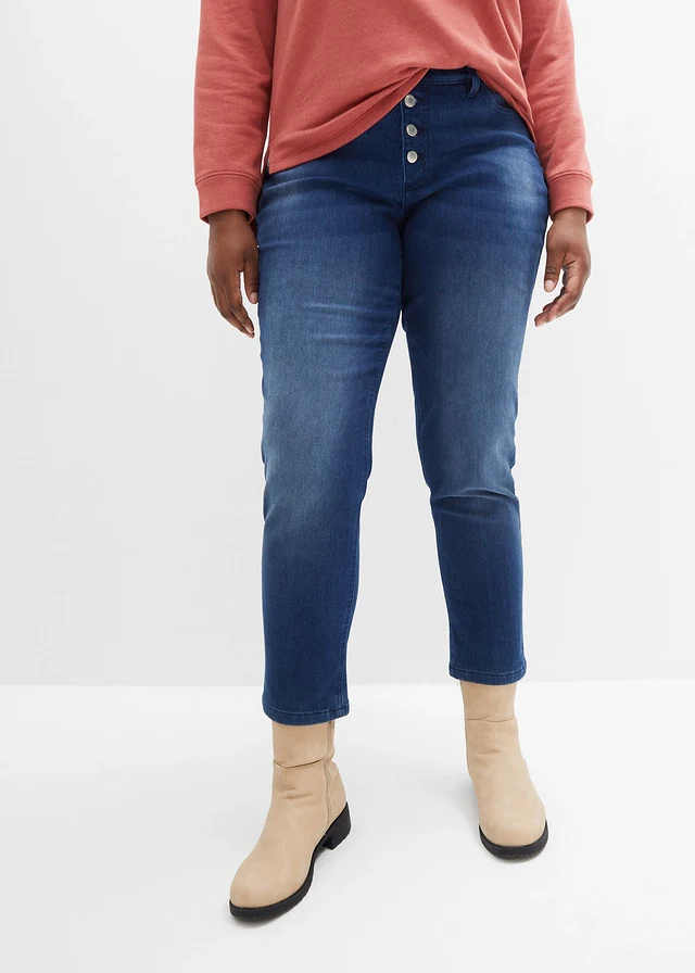 Jean chaud boyfriend taille mi-haute avec intérieur doux, Couleur: bleu foncé denim used