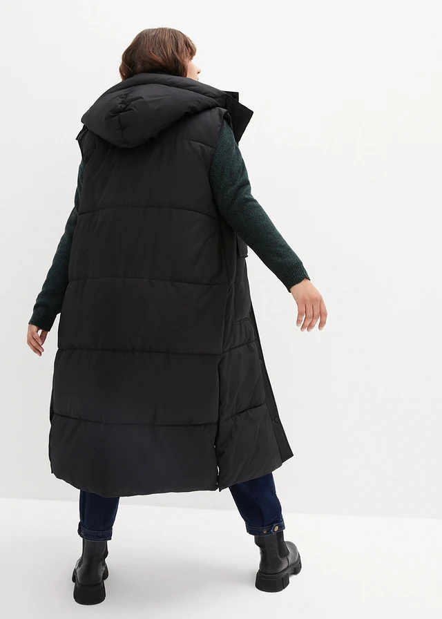 Veste sans manches matelassée en polyester recyclé avec capuche amovible, Couleur: noir