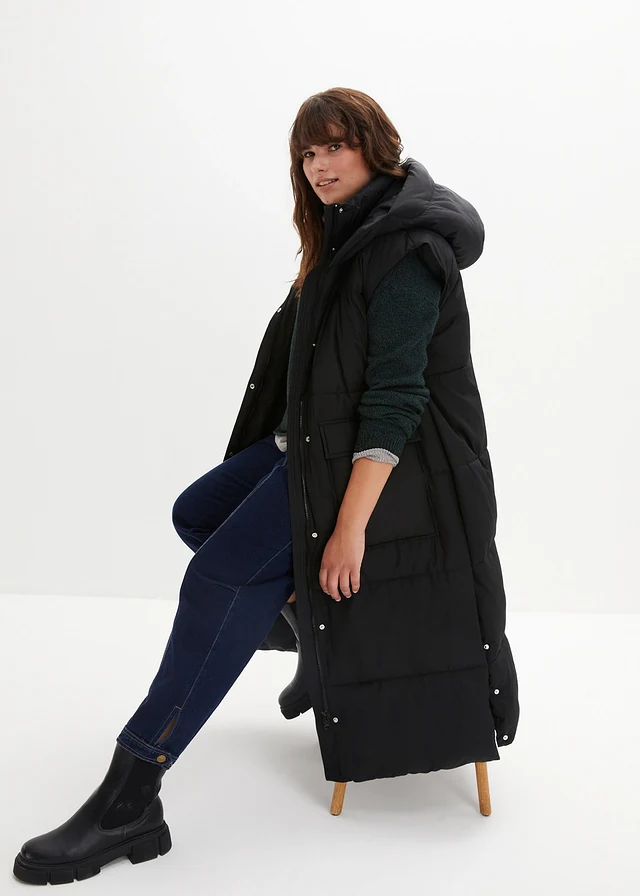 Bodywarmer van gerecycled polyester met afneembare capuchon, Kleur: zwart