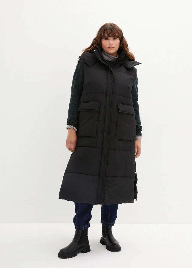 Veste sans manches matelassée en polyester recyclé avec capuche amovible, Couleur: noir