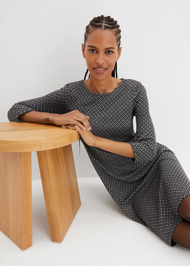 Punto di roma jurk met jacquard patroon • zwart/wolwit • product-page.page-title-suffix
