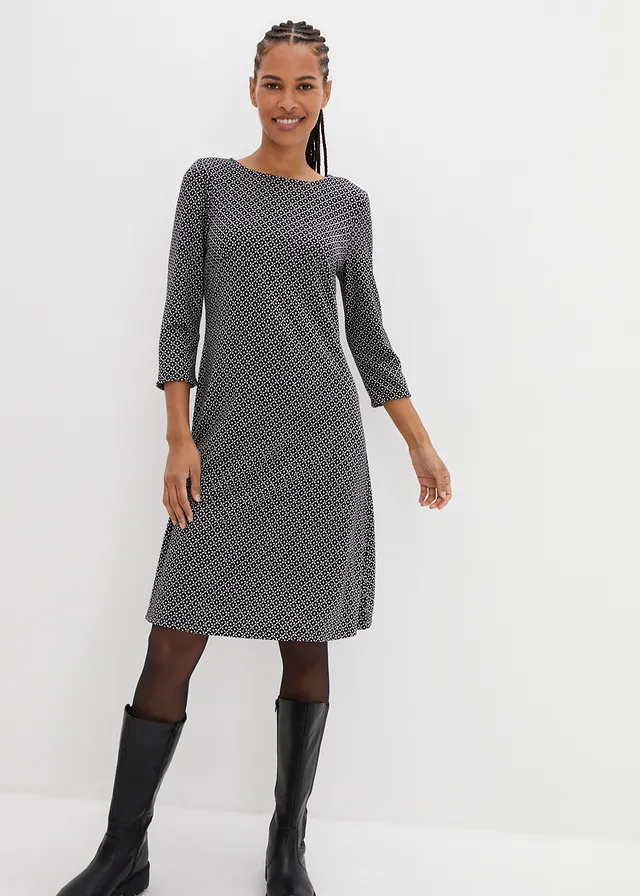 Punto di roma jurk met jacquard patroon • zwart/wolwit • product-page.page-title-suffix