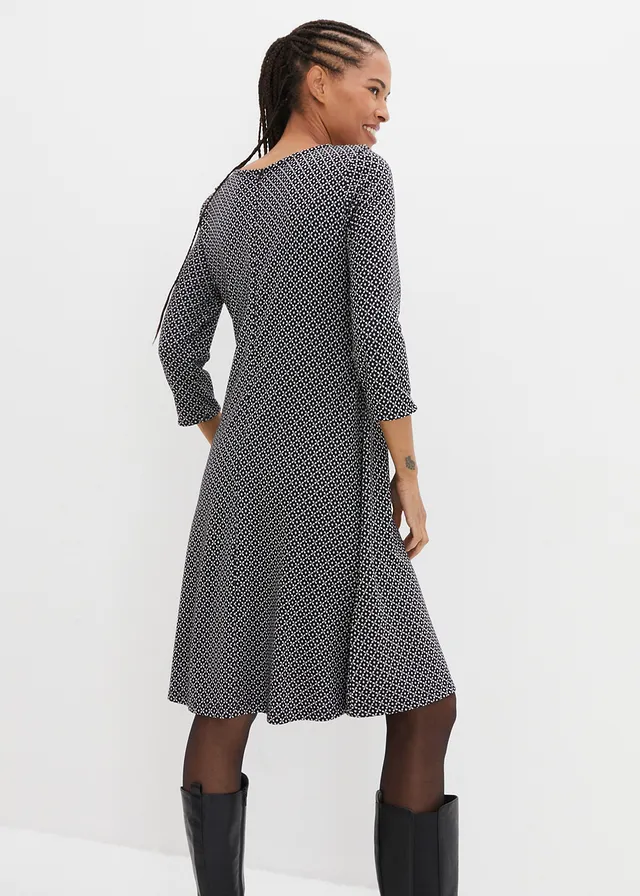 Robe en jersey milano de viscose mélangée avec motif jacquard, Couleur: noir/blanc cassé graphique