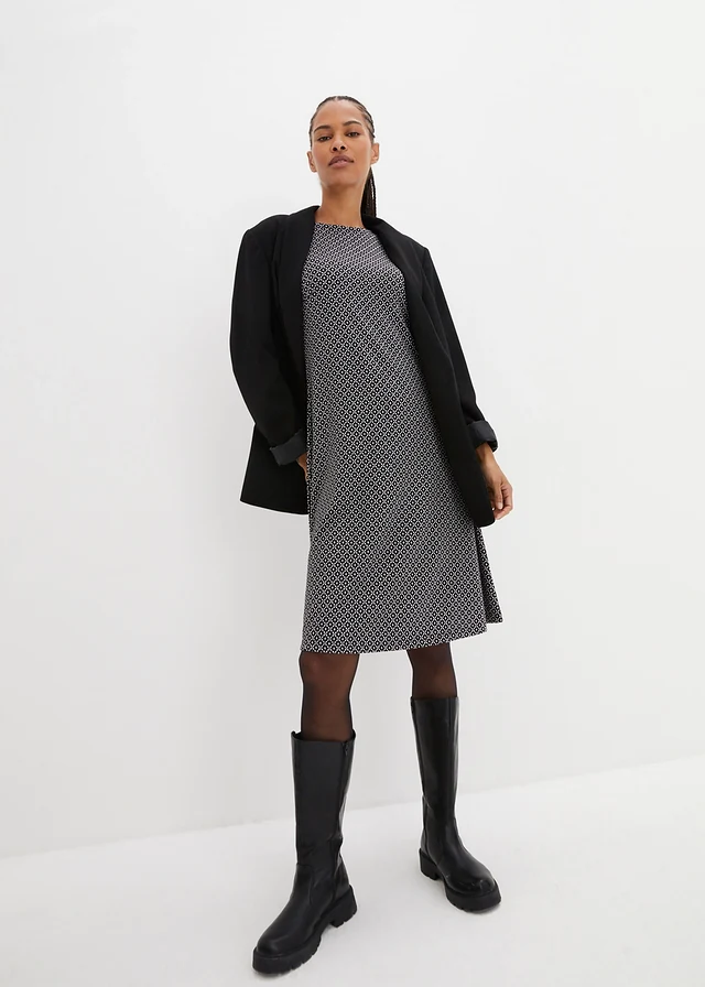 Punto di roma jurk met jacquard patroon • zwart/wolwit • product-page.page-title-suffix