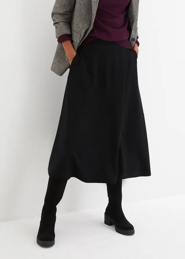 Jupe midi en Punto di Roma, Couleur: noir