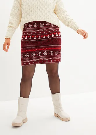 Jupe en coton extensible à imprimé norvégien, Couleur: rouge érable-fraise-noir-écru norvégien