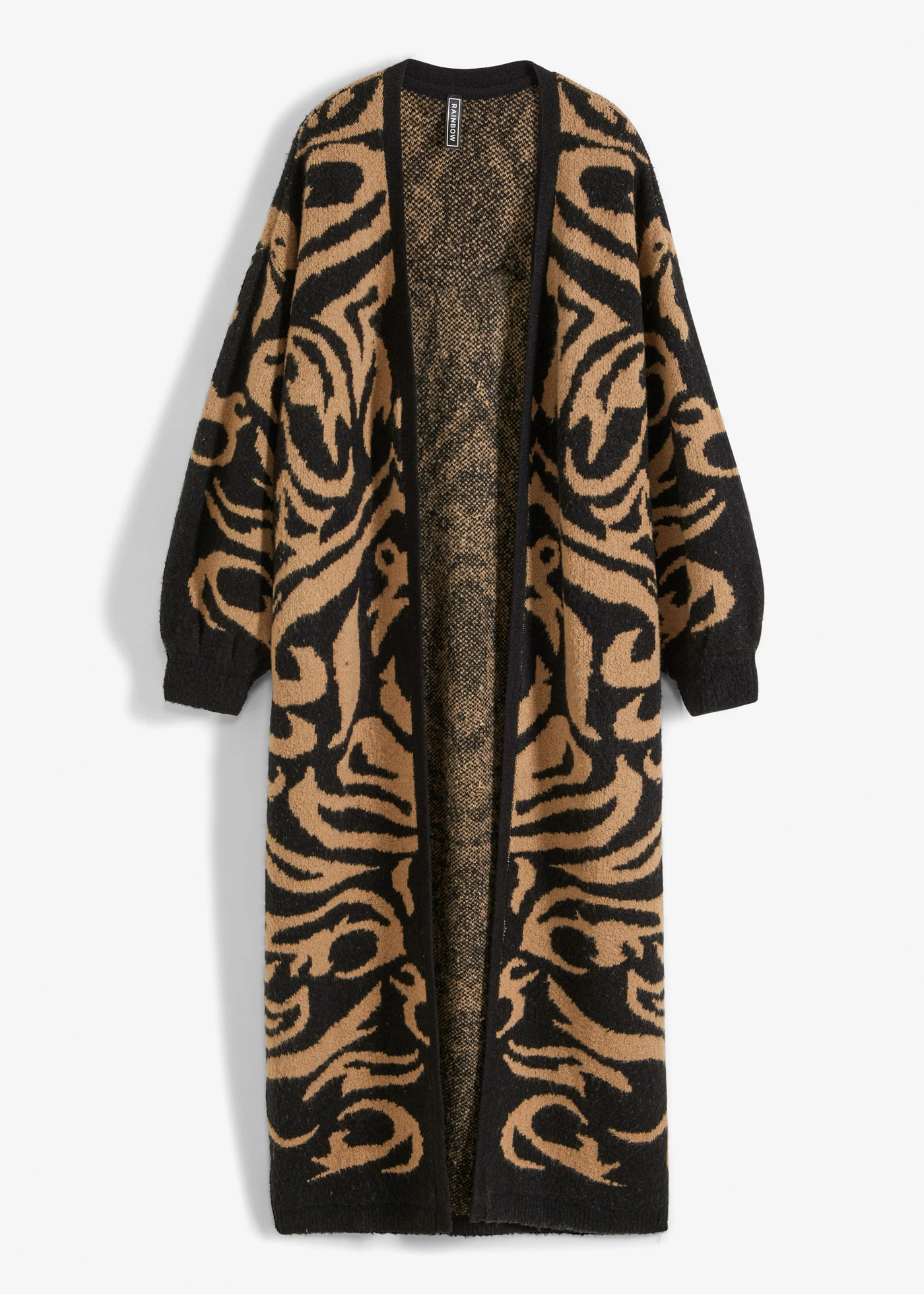 Dlhý pletený kabát • čierna/khaki béžová grafická • obchod bonprix