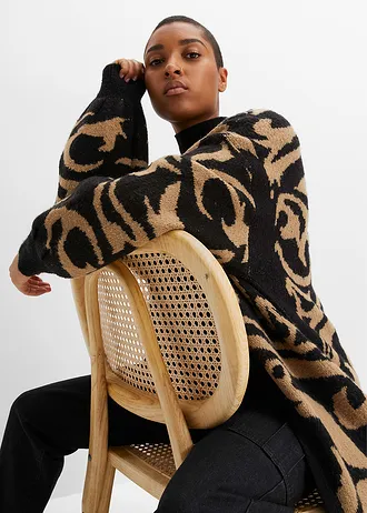 Długi płaszcz dzianinowy • czarno-beżowy khaki w graficzny wzór • sklep bonprix