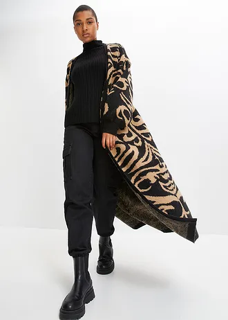 Długi płaszcz dzianinowy • czarno-beżowy khaki w graficzny wzór • sklep bonprix