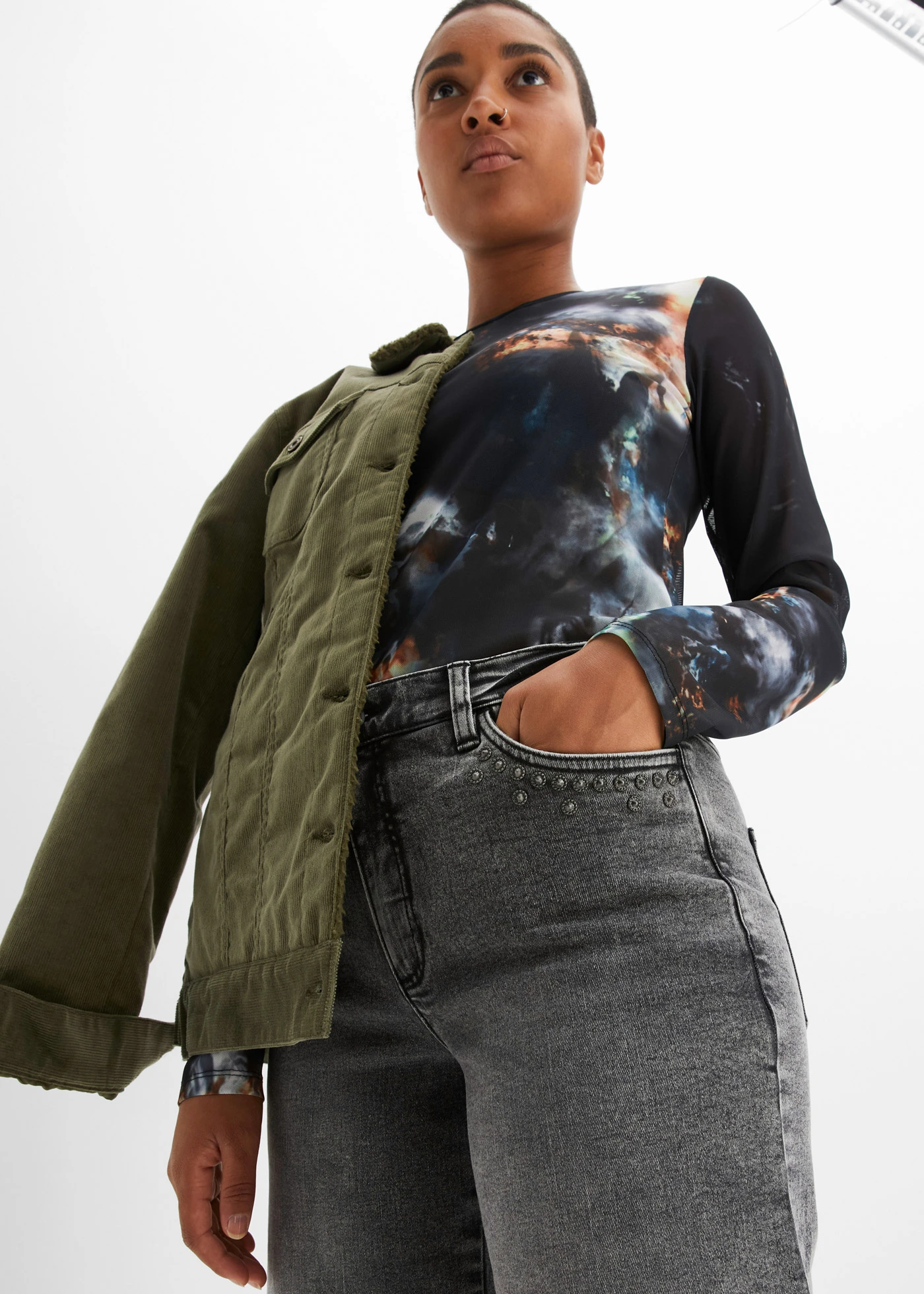 Wide Leg farmer, High Waist, szegecses betéttel • szürke denim • bonprix áruház