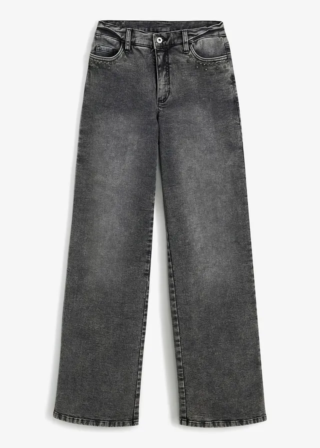 Wide Leg farmer, High Waist, szegecses betéttel • szürke denim • bonprix áruház