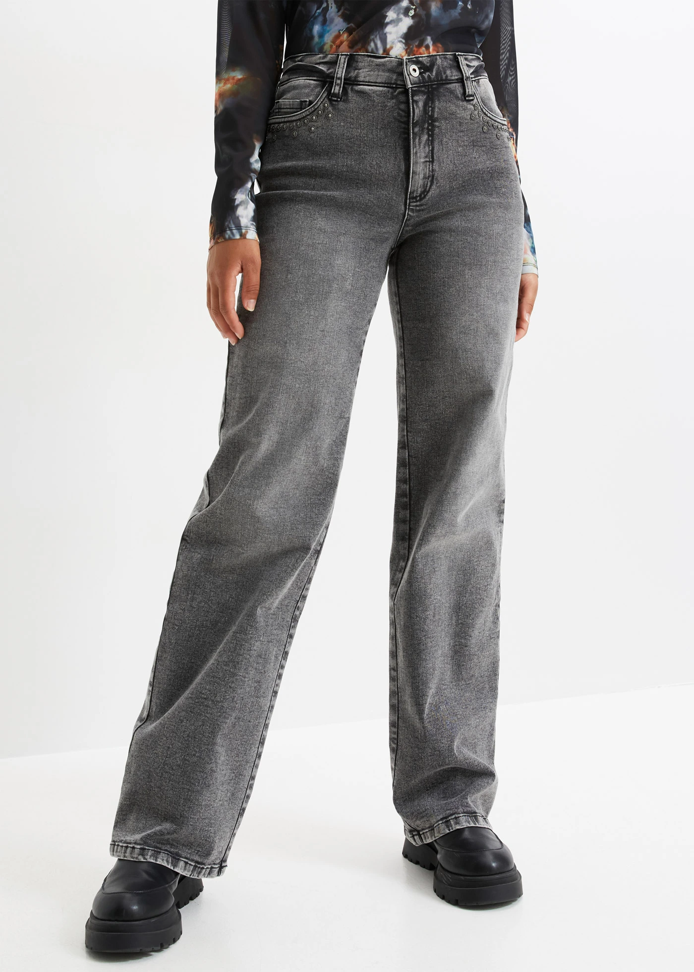 Wide Leg farmer, High Waist, szegecses betéttel • szürke denim • bonprix áruház