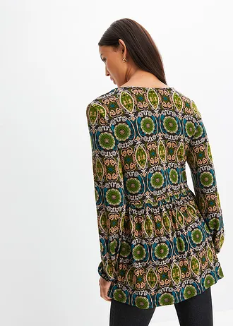 Shirt, lange mouw, Kleur: zwart/camel/bosgroen