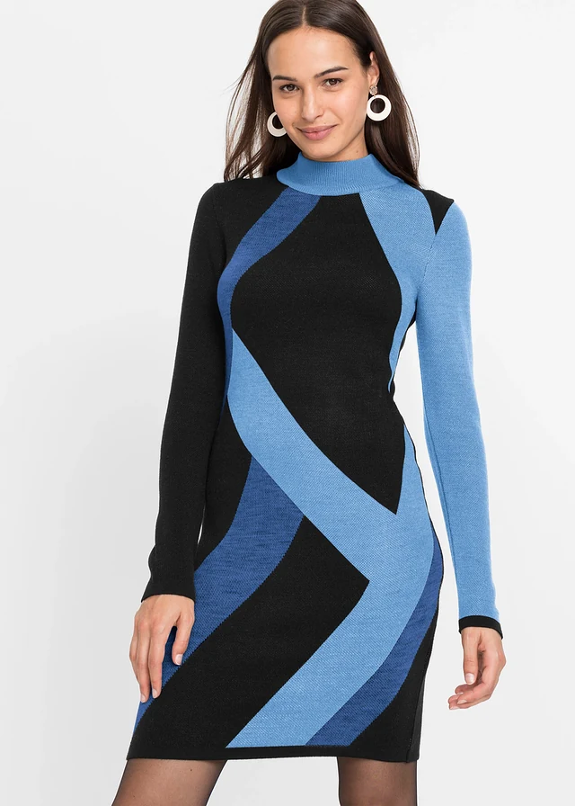 Gebreide jacquard jurk met trendy strepen • lichtblauw-donkerblauw • product-page.page-title-suffix