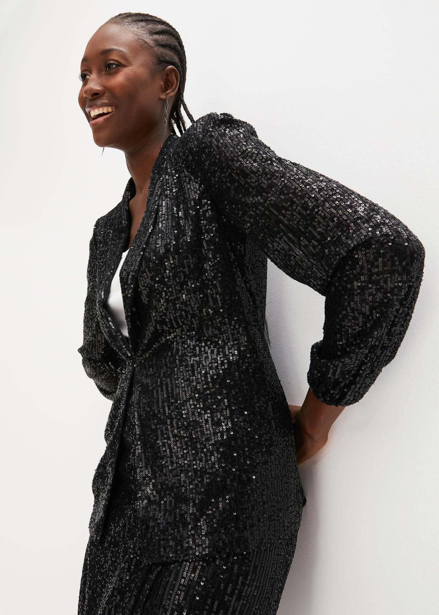 Blazer met pailletten en sjaalkraag • zwart metallic • bonprix online shop