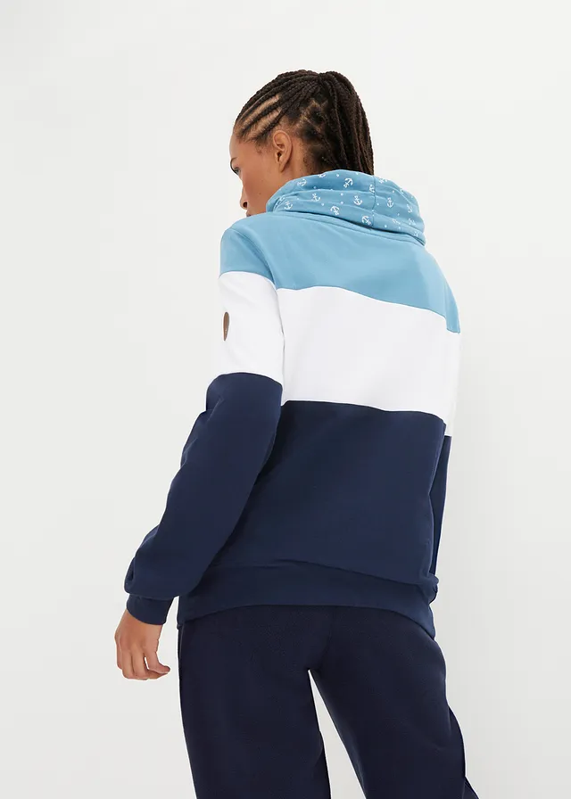 Sweat 100% coton à col imprimé, Couleur: bleu mat/blanc/bleu foncé