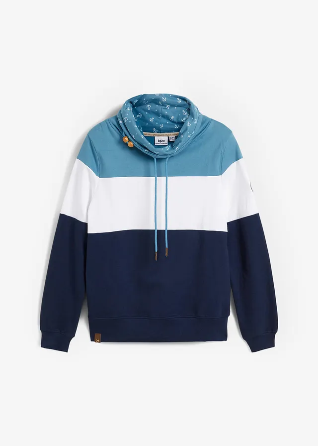 Sweat 100% coton à col imprimé, Couleur: bleu mat/blanc/bleu foncé