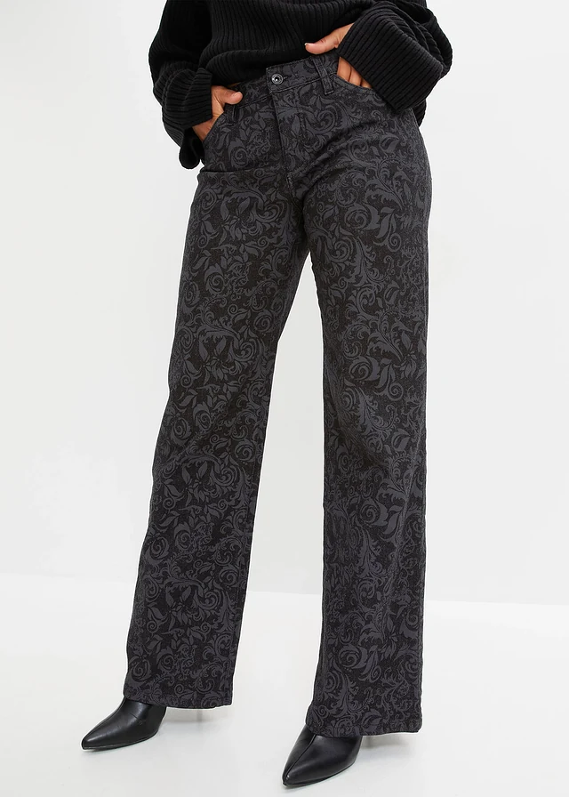 Jean large taille mi-haute à motif brillant, Couleur: noir denim