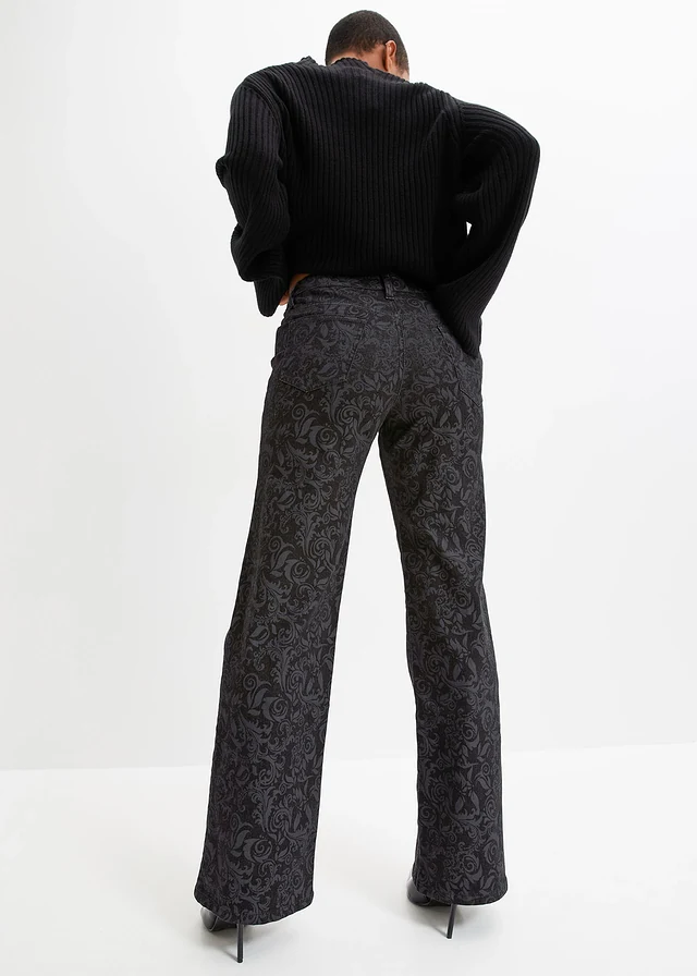 Jean large taille mi-haute à motif brillant, Couleur: noir denim