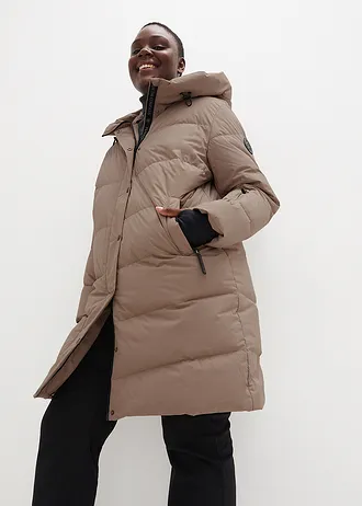 Lange donsjas met gedessineerde voering, waterafstotend, Kleur: taupe