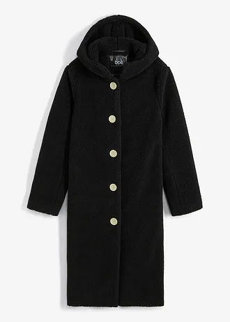 Plyšový kabát s kapucí a kapsami, barva: černá