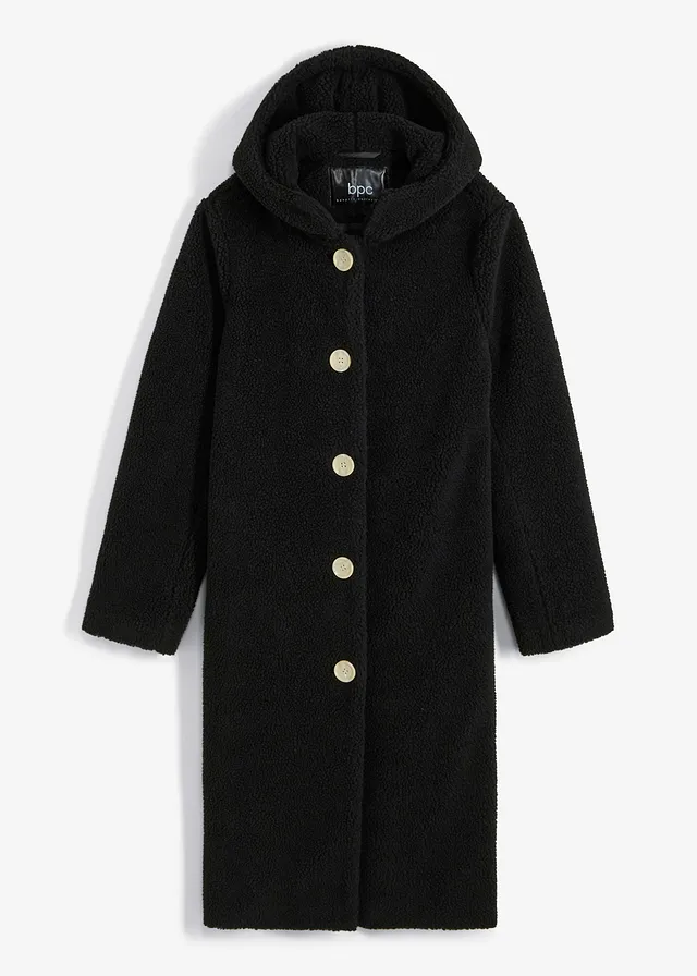 Lange teddy jas met capuchon en zakken