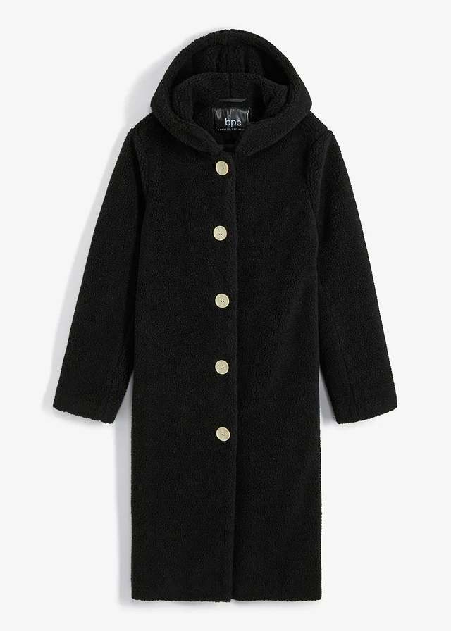 Manteau en sherpa avec capuche et poches, Couleur: noir