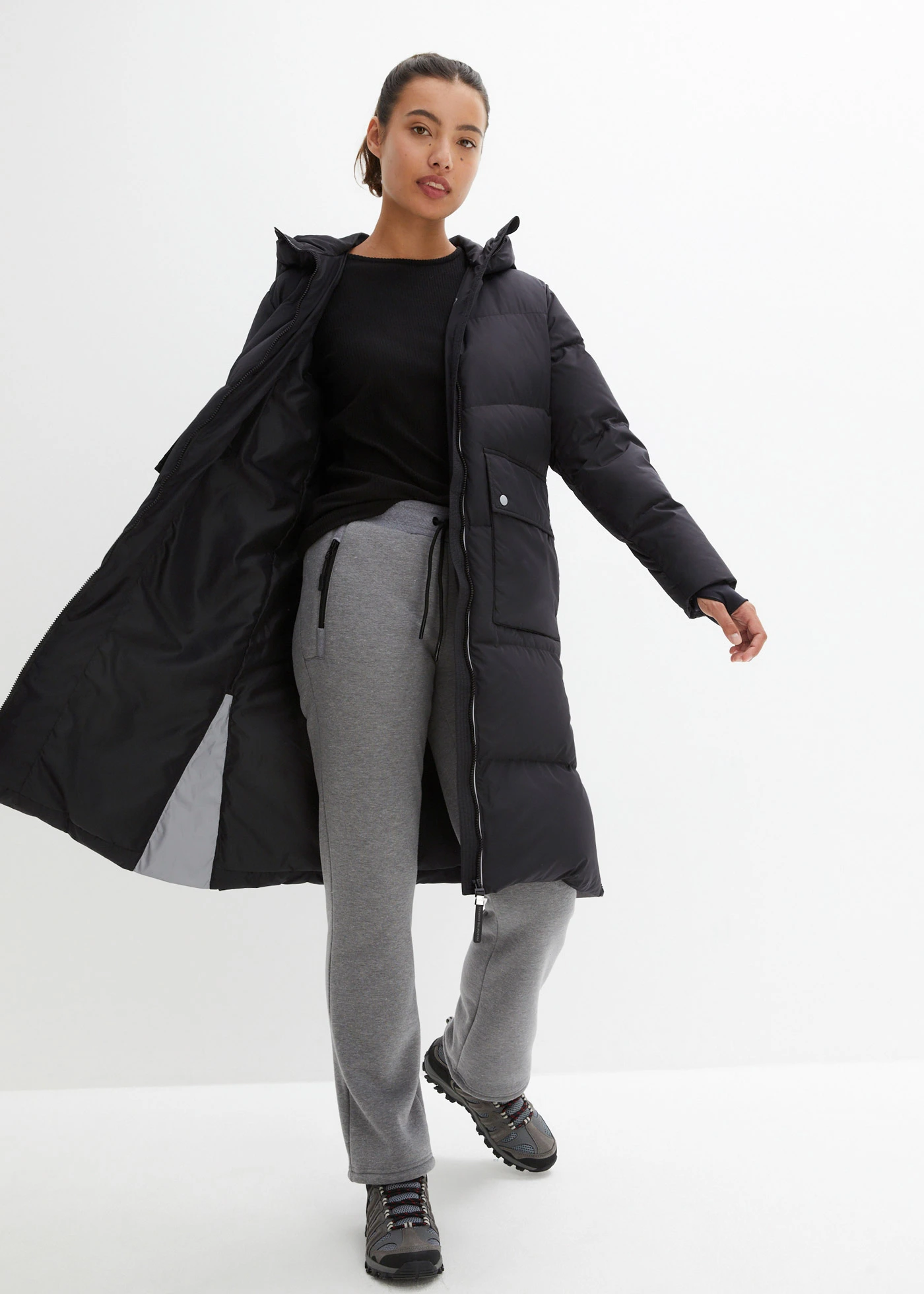 Lange waterafstotende donsjas met reflecterende details • zwart • bonprix online shop