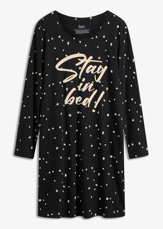 Noční košile z organické bavlny, dlouhý rukáv • černá se vzorem • bonprix obchod
