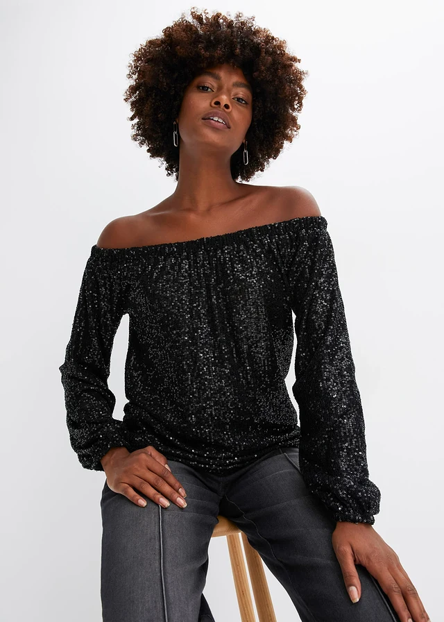 Oversized carmen-shirt met pailletten, Kleur: zwart