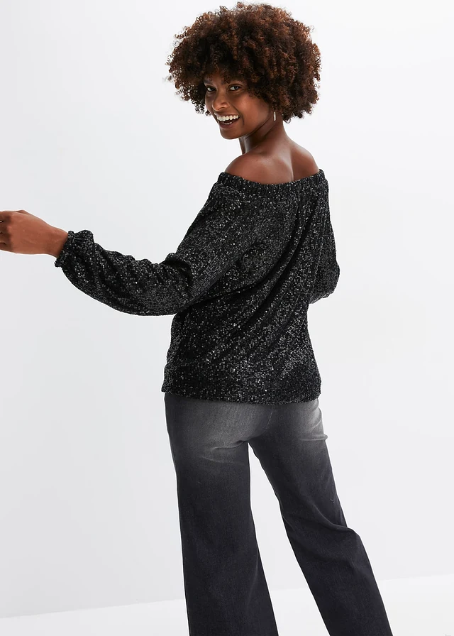 Oversized carmen-shirt met pailletten, Kleur: zwart