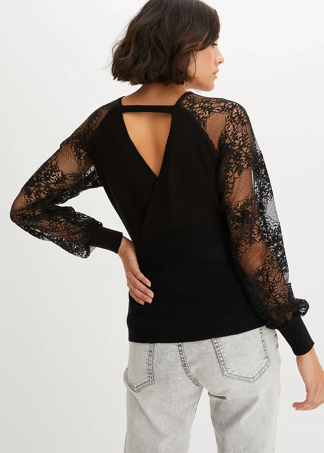 Pull en fine maille avec dentelle, Couleur: noir
