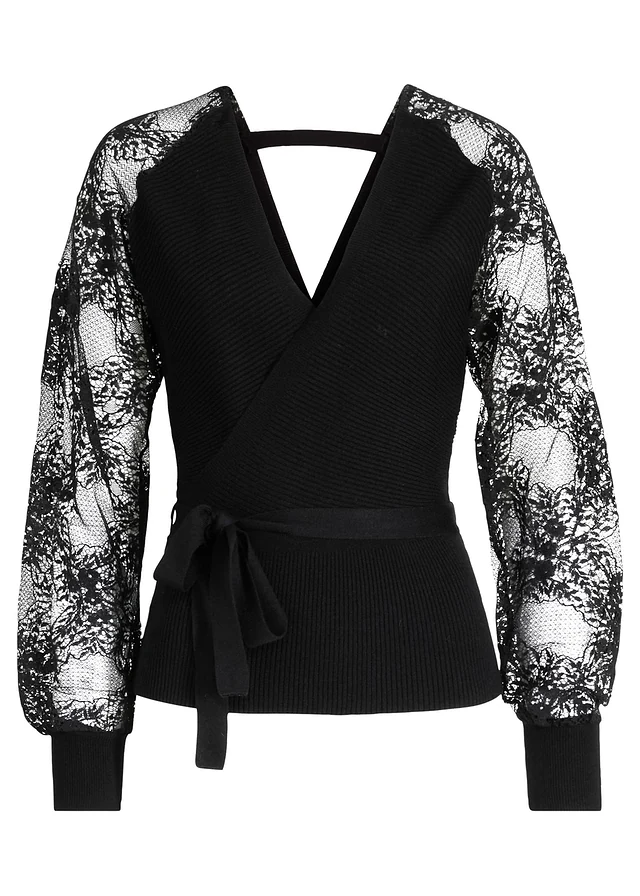 Pull en fine maille avec dentelle, Couleur: noir