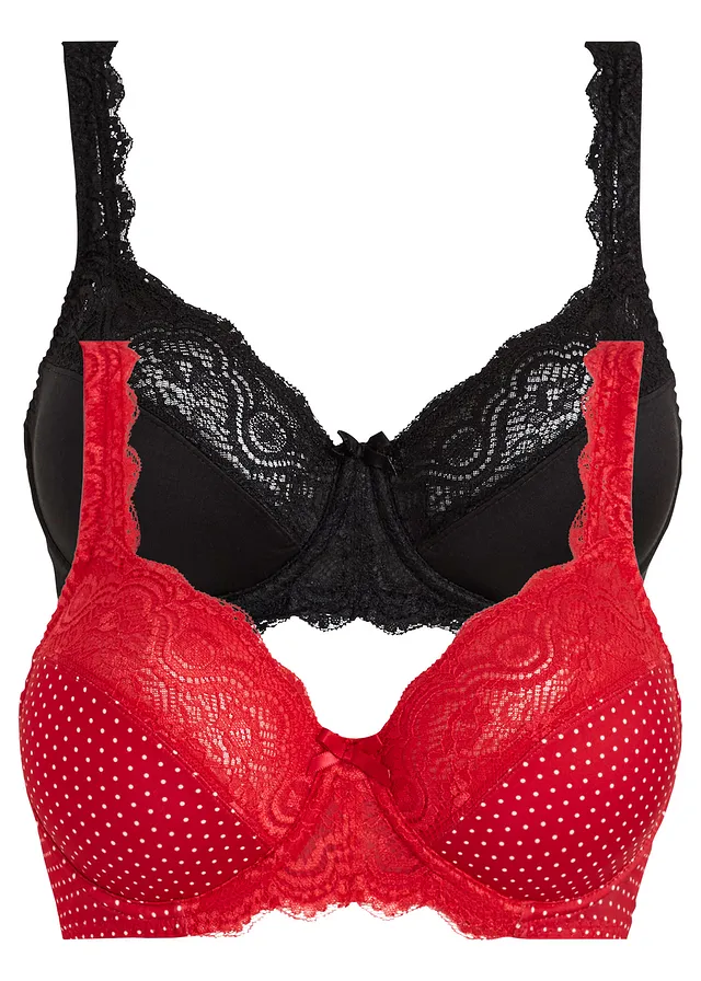 Beugel bh met sierlijk kant (set van 2), Kleur: dieprood-wit gestippeld+zwart