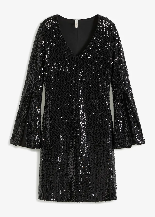 Robe à sequins et manches trompette, Couleur: noir