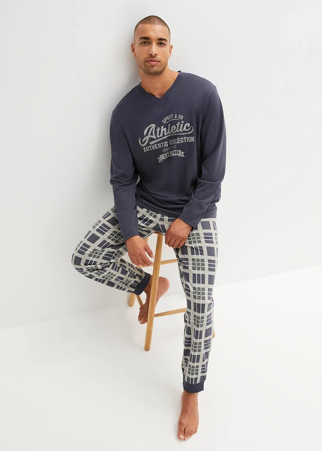 Pyjama manches longues 100% coton, Couleur: gris neutre-bleu nuit-blanc-anthracite carreaux