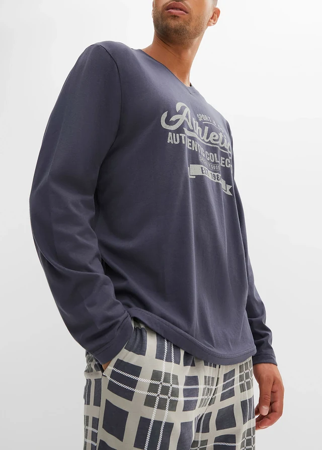 Pyjama manches longues 100% coton, Couleur: gris neutre-bleu nuit-blanc-anthracite carreaux