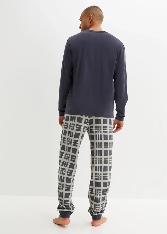 Pyjama manches longues 100% coton, Couleur: gris neutre-bleu nuit-blanc-anthracite carreaux