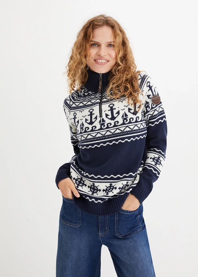 Maritieme Noorse trui, Kleur: donkerblauw-wolwit Noors patroon