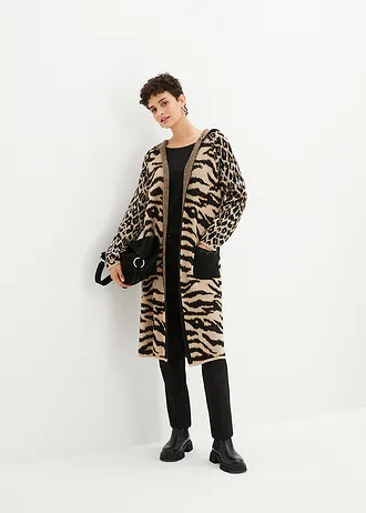 Lang gebreid vest met pailletten en capuchon • luipaardprint • bonprix online shop